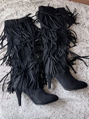 Franco Sarto Black Suede Fringe Stiletto Boots